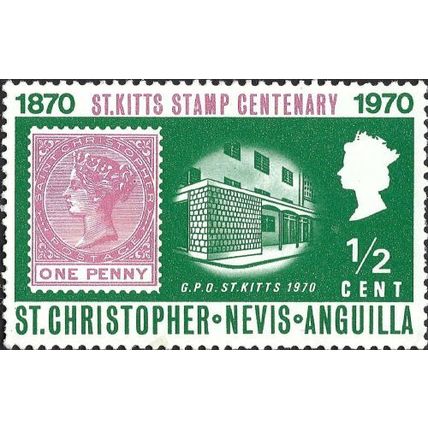 ST CHRISTOPHER, NEVIS, ANGUILLA, St Kitts Post Office 100 years, green 1970, ½c