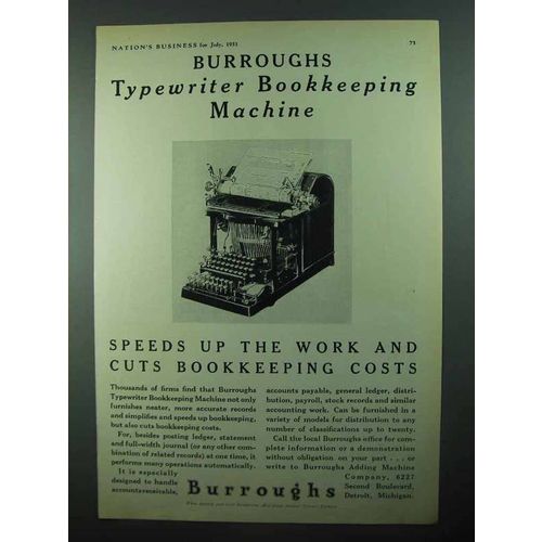 1931 Burroughs Typewriter Bookkeeping Machine Ad - Speeds Up Work