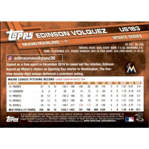 2017 Topps Baseball UPD Edinson Volquez #US163