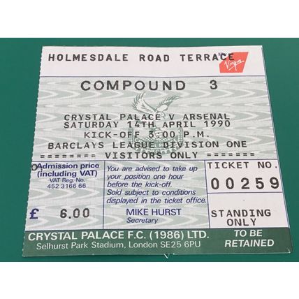 Crystal Palace v Arsenal 1989/1990 Division 1 Football Ticket Stub