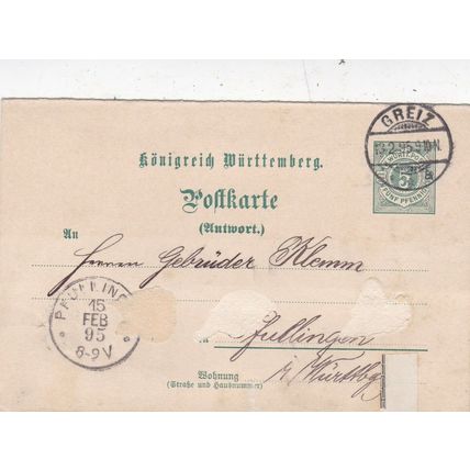Wurttemberg 1895 Greiz-Pfullingen 5pf Postal Card Greiz and Pfullingen cancels