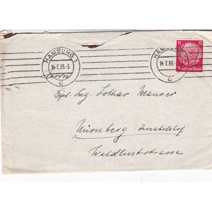 Germany 1935 Hamburg to Nurnberg Cover Hamburg cancel written VGC