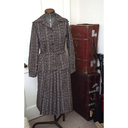 ALEXON DESIGNER SUIT SUMMER BROWN & WHITE 60s SKIRT SHIRT TOP & BELT S 12 VGC