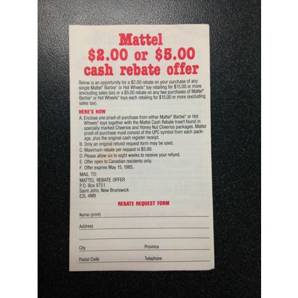 Mattel Barbie Hot Wheels Prize Spot Cash rebate offer foldout form