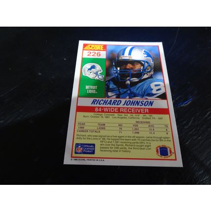 1990 Score Football Card # 226 Richard Johnson Excellent-Mint (6) Detroit Lions