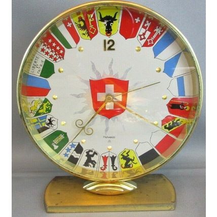 RARE 1930's HELVECO 8 Day SWITZERLAND COAT OF ARMS Wind Up Mantel Clock WORKS