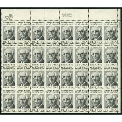 Adolph Ochs Sheet of 32 - 13 Cent Postage Stamps Scott 1700