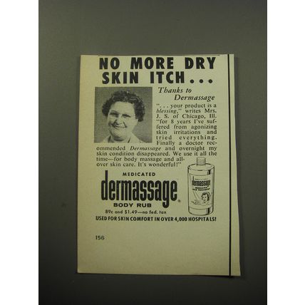 1957 Dermassage Body Rub Ad - No more dry skin itch