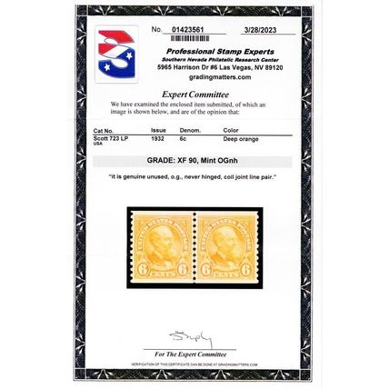 723, Mint XF NH 6¢ Coil Line Pair With Graded 90 PSE Certificate Stuart Katz