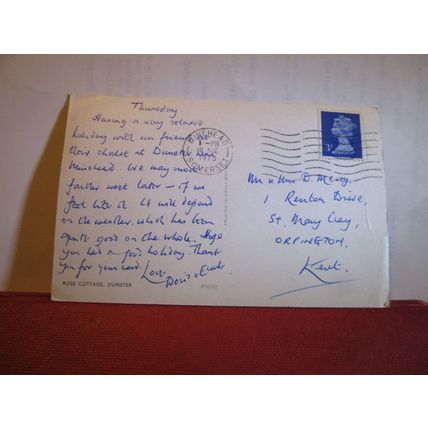 ROSE COTTAGE, DUNSTER, SOMERSET used vintage postcard 1973 pm =