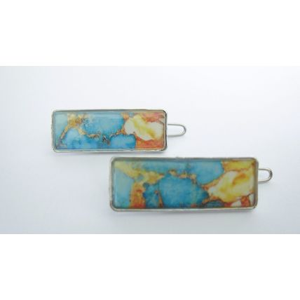 Small blue orange yellow enamel and metal hair clip barrette for fine thin hair
