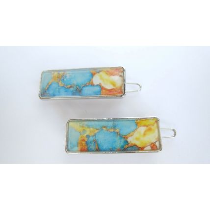 Small blue orange yellow enamel and metal hair clip barrette for fine thin hair