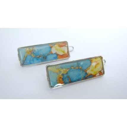 Small blue orange yellow enamel and metal hair clip barrette for fine thin hair