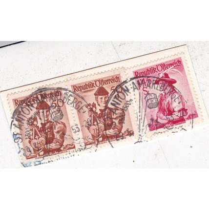 Austria POSTMARK St Anton Am Arlberg on various costumes on piece VGC