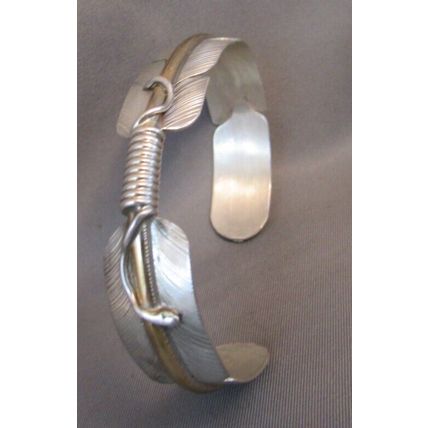 VINTAGE 12K-Sterling Silver Feather Cuff Bracelet Navajo Signed ETSITTY 16.5g