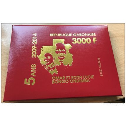Gabon 2014 Mi. Block 134 Giant Timbre géant 2009 Omar Edith Bongo 3 000F Or box