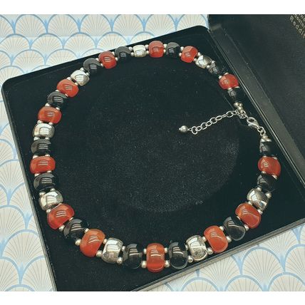 Vintage Chunky 925 Sterling Silver Onyx & Carnelian Statement Necklace with Box