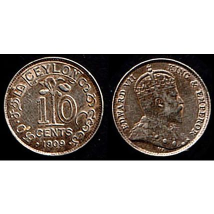 Ceylon Ten Cents 1909 Used Coin 10c King Edward VII Sri Lanka