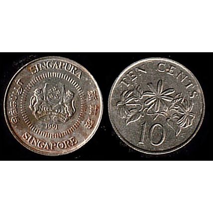 Singapore Ten Cents 1991 Used Coin 10c Plant Coat of Arms
