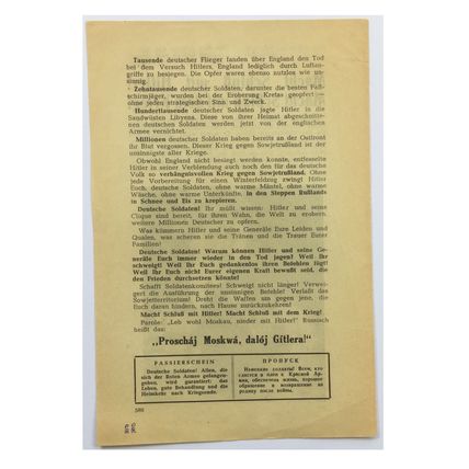 Original WW2 Soviet/Russian Air Drop Propaganda Leaflet. - Code 580. - 1942.