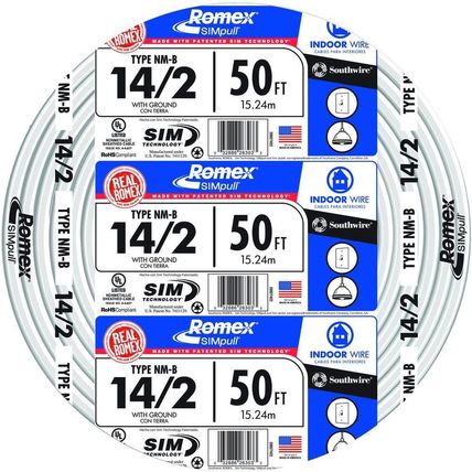Southwire Romex Brand Simpull Solid Indoor 14/2 W/G NMB Cable 50Ft Coil - SW# 28