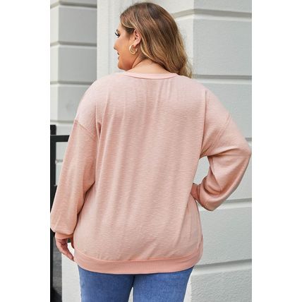Pink Raw Cut Notched Neck Plus Size French Terry Hoodie