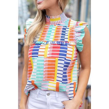 Multicolor Striped Print High Neck Flutter Top