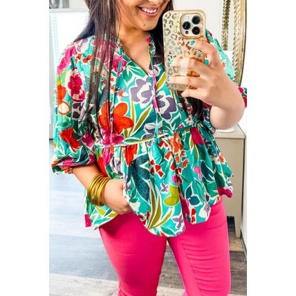 Multicolor Floral Tie Split Neck Plus Size Peplum Blouse