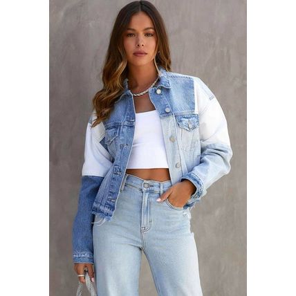 Sky Blue Color Block Denim Patchwork Frayed Hem Jacket