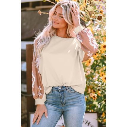 Apricot Western Print Patch Long Sleeve Top