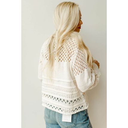 White Solid Color Pointelle Knit Puff Sleeve Sweater