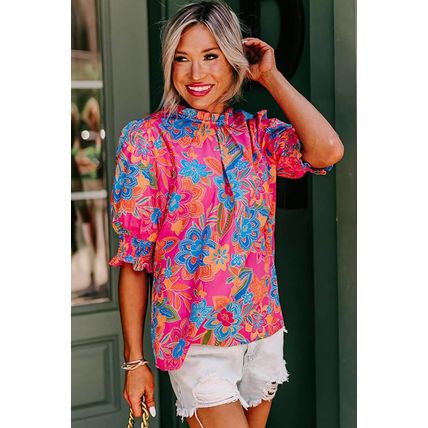 Rose Frilly Mock Neck Short Puff Sleeve Floral Blouse