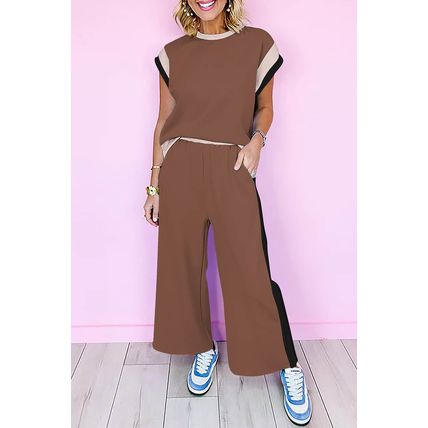 Chestnut Color Block Detail Casual Two-piece Outfit