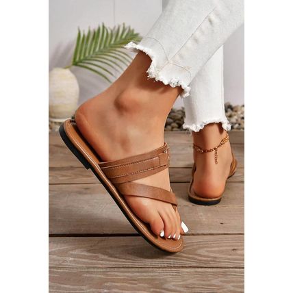 Chestnut Cross Toe Metal Buckle Leathered Flat Slippers