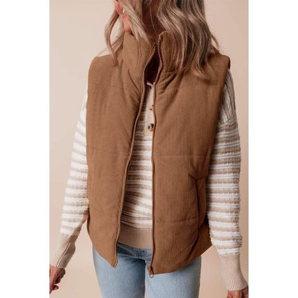 Coffee Corduroy Stand Neck Zipped Puffer Vest