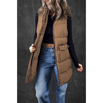 Coffee Windproof Longline Full Zipper Puffer Vest with Pockets