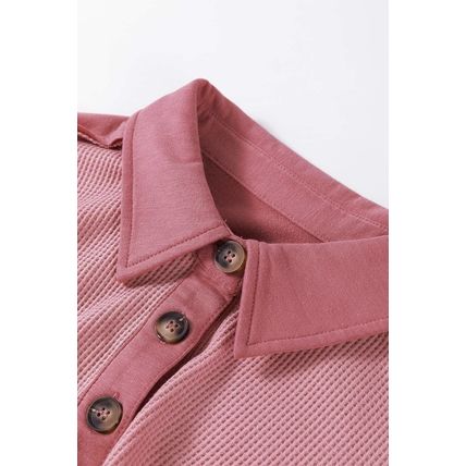 Pink Waffle Long Sleeve Collar Half Button Loose Top