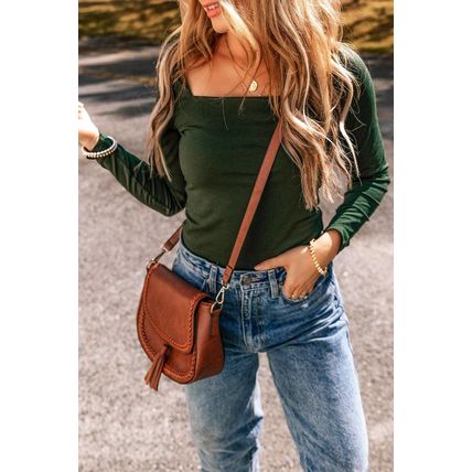Blackish Green Solid Color Square Neck Long Sleeve Slim Fit Bodysuit