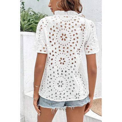 White Geometric Embroidery Hollow Out Blouse