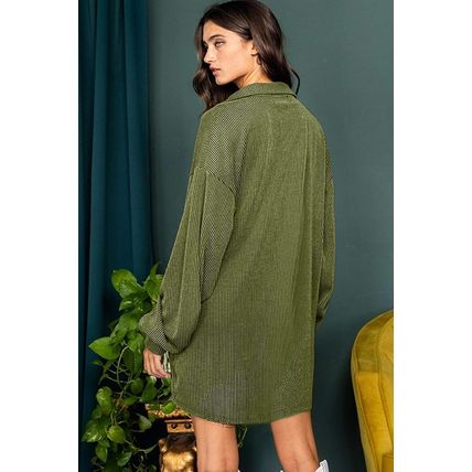 Moss Green Corded Buttons Placket Drop Shoulder Collared Shift Dress