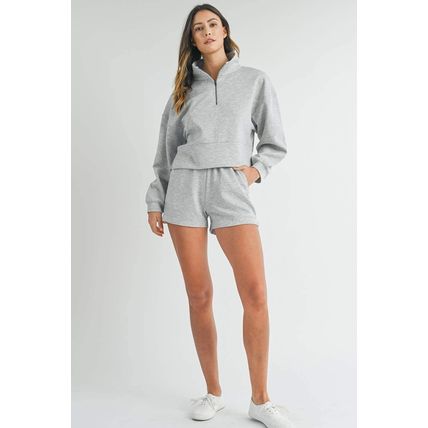 Light Grey Stand Neck Zipped Sweatshirt and Shorts Set