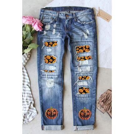 Sky Blue Halloween Pumpkin Patchwork Distressed Straight Leg Jeans