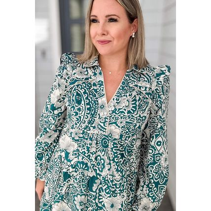 Green Floral Flounce Sleeve Split Neck Plus Size Dress
