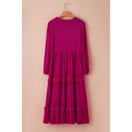 Rose Red Shirred V Neck Tiered Ruffled Velvet Plus Size Maxi Dress