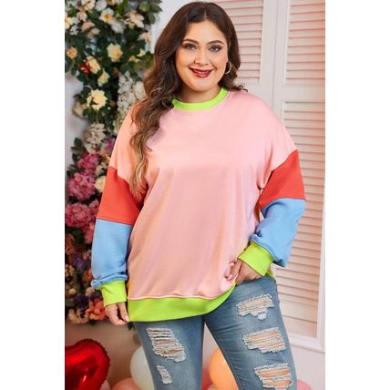 Light Pink Plus Size Colorblock Patchwork Crew Neck Sweatshirt