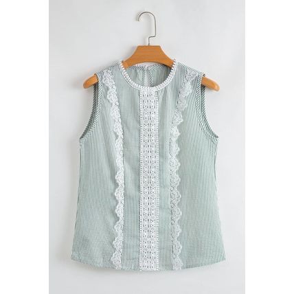 Green Stripe Lace Patchwork Crew Neck Tank Top
