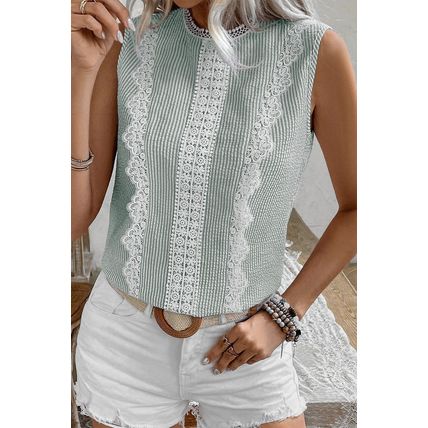 Green Stripe Lace Patchwork Crew Neck Tank Top