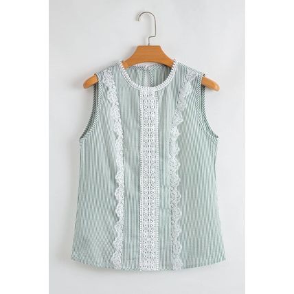 Green Stripe Lace Patchwork Crew Neck Tank Top