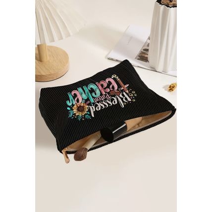 Black Blessed Teacher Flower Pencil Print Corduroy Storage Bag