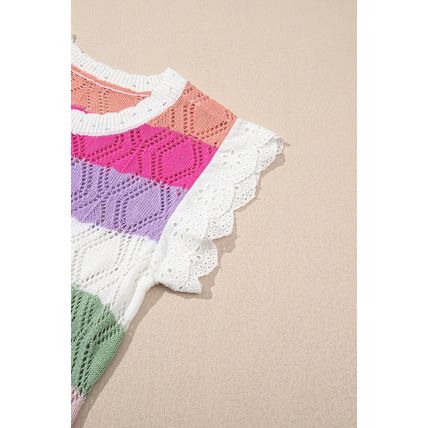Rose Stripe Colorblock Hollowed Knit Scallop Edge Sweater Vest